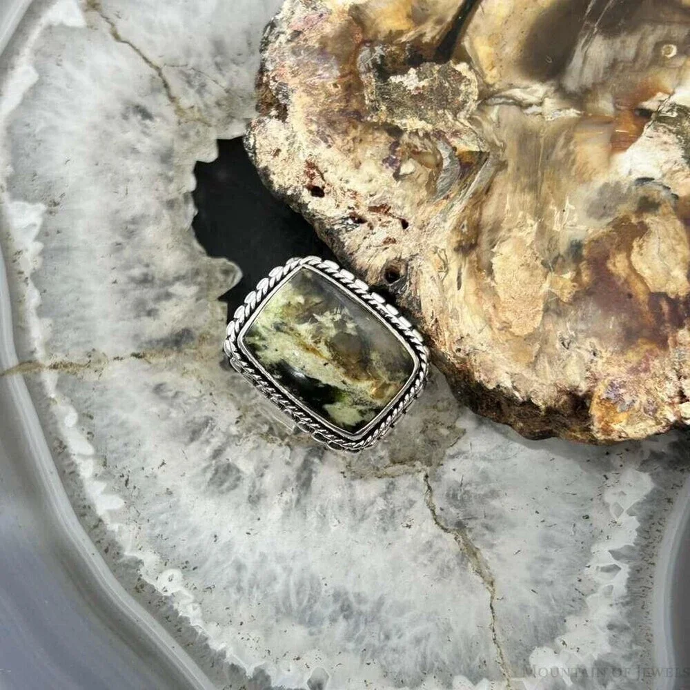 Sterling Southwestern Style Rectangle Chrome Chalcedony Bar Ring S 6.5 For Women
